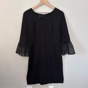 Talbots 10 Sheath Dress Black Ponte Fabric Crochet Bell Sleeve Cocktail Formal